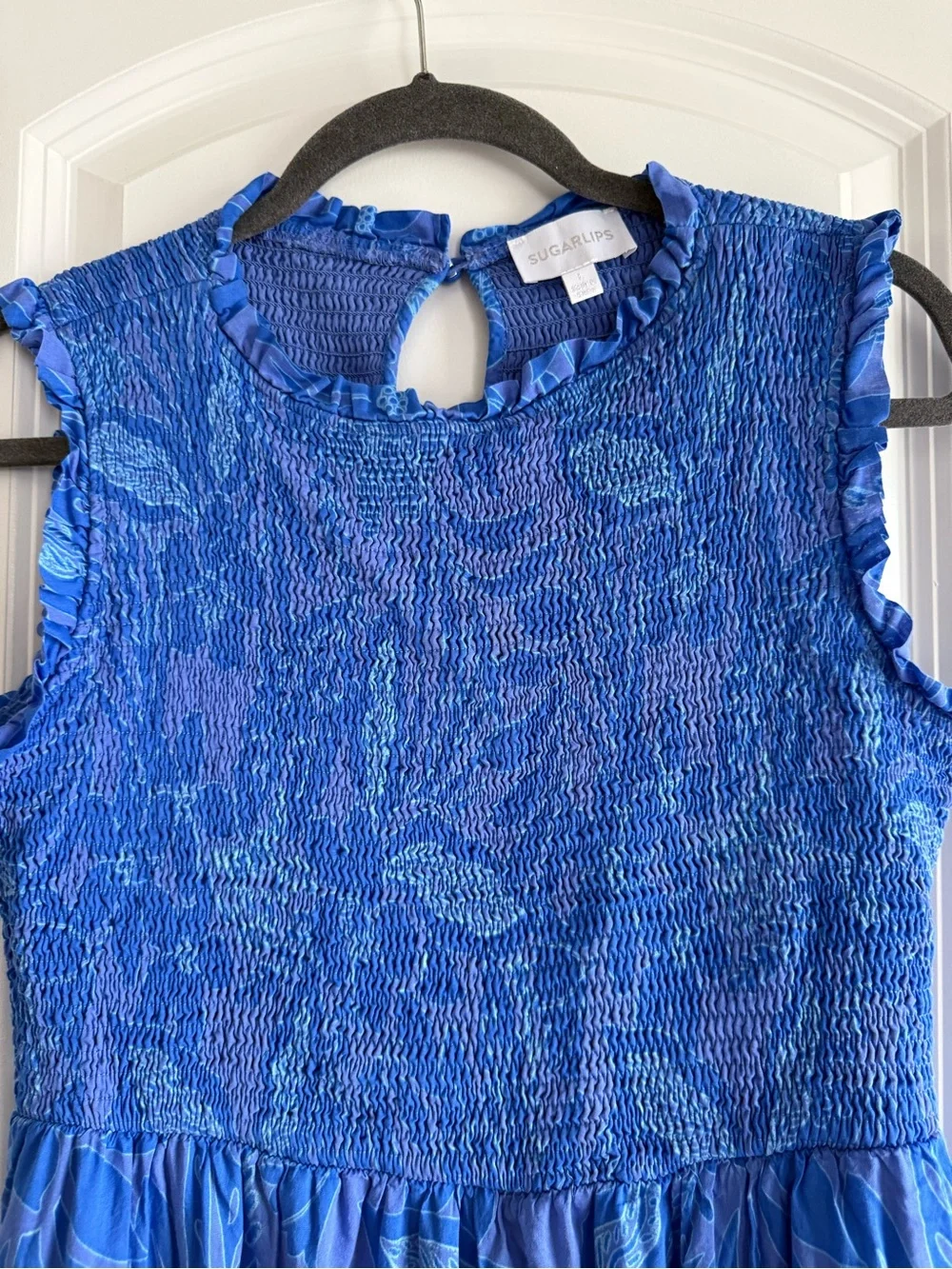 Sugarlips Warren Floral Cecil Smocked Sleeveless Sun Dress, sz. L, pockets!